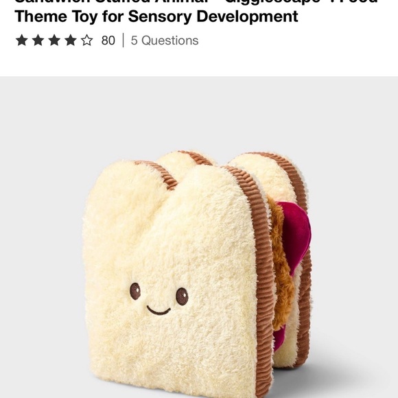 Gigglescapes Other - Gigglescapes 12’’ Plush Peanut Butter and Jelly Sandwich Toy sensory